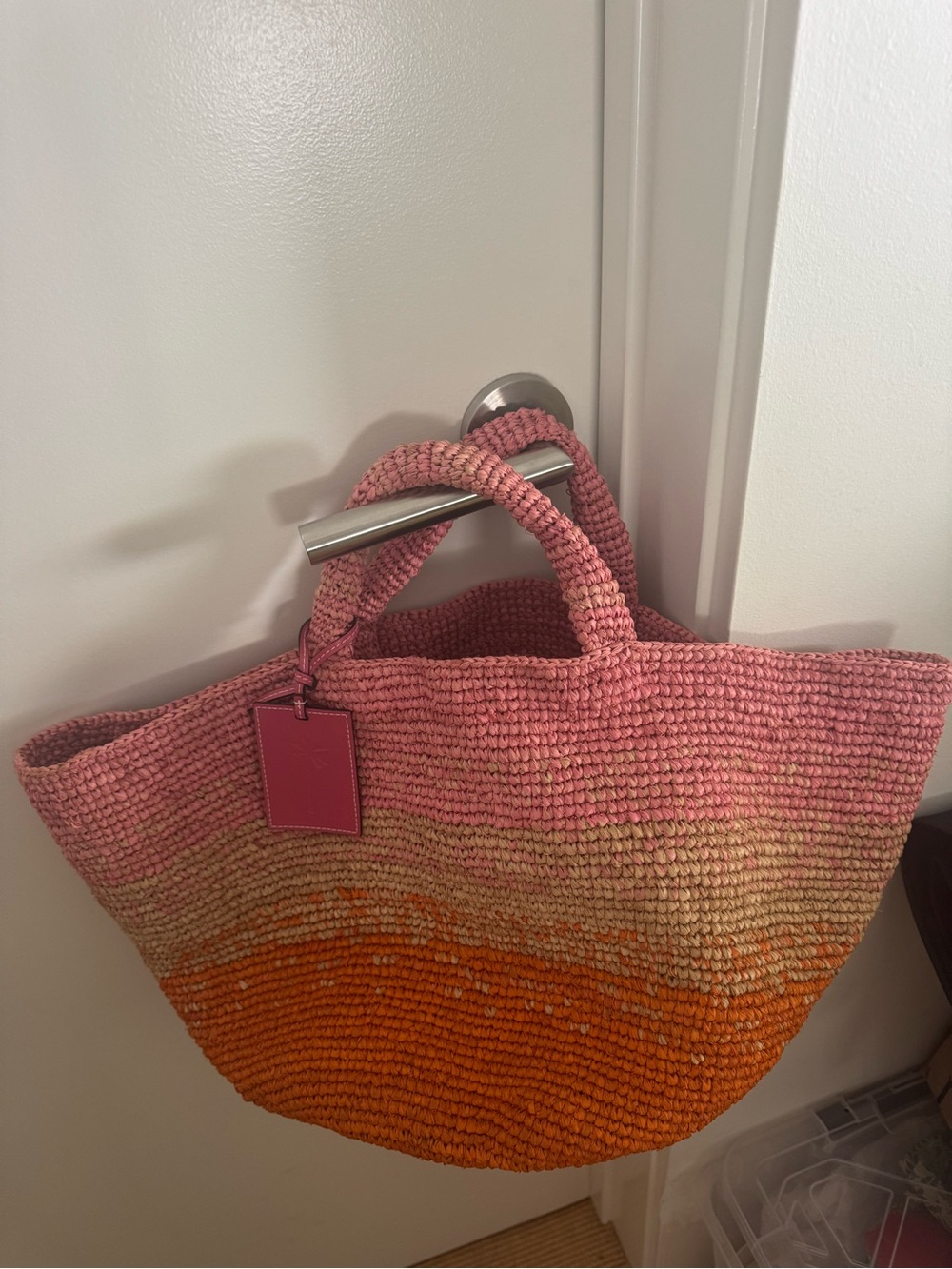 Manebi Pink and Orange Gradient Woven Tote Bag with Top Handles
